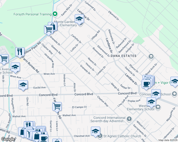 map of restaurants, bars, coffee shops, grocery stores, and more near 1818 Granada Drive in Concord