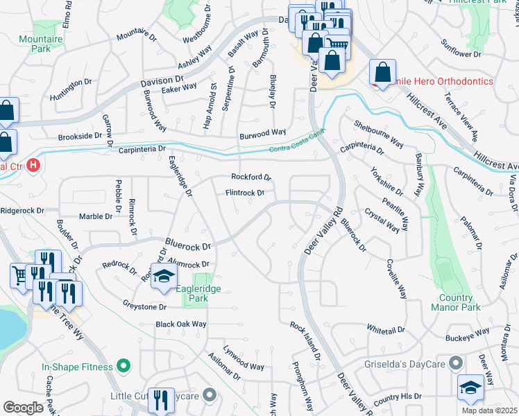 map of restaurants, bars, coffee shops, grocery stores, and more near 941 Bluerock Drive in Antioch