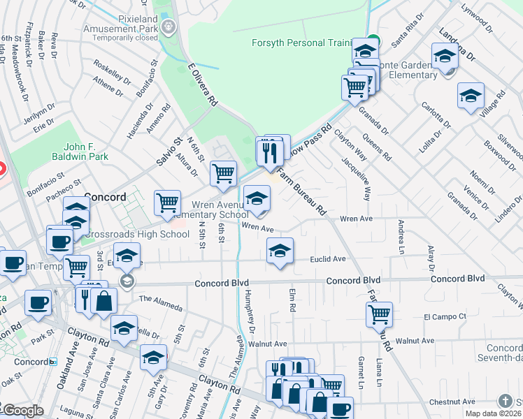 map of restaurants, bars, coffee shops, grocery stores, and more near 1887 Farm Bureau Road in Concord
