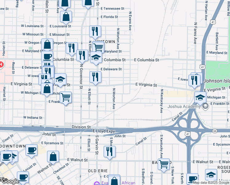 map of restaurants, bars, coffee shops, grocery stores, and more near 739 East Virginia Street in Evansville