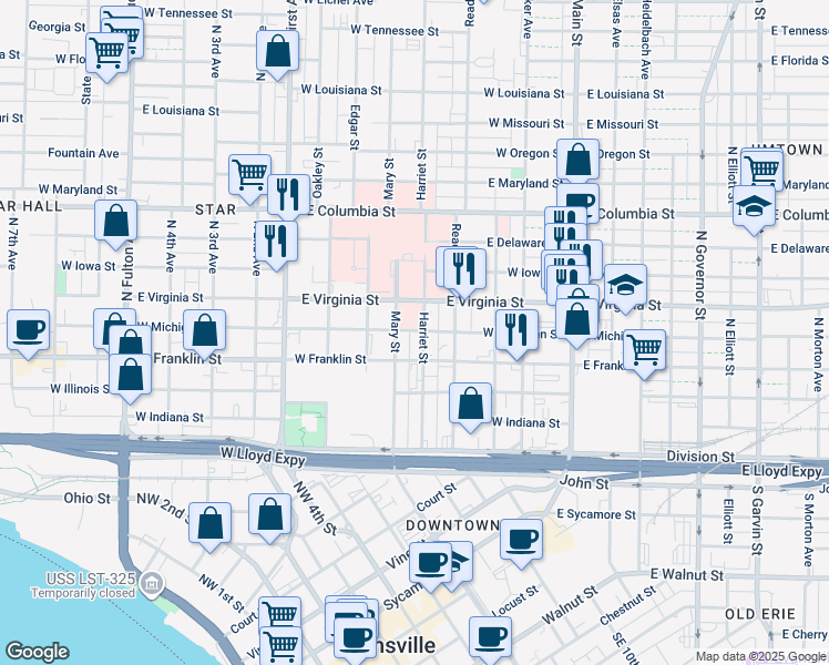 map of restaurants, bars, coffee shops, grocery stores, and more near 409 Harriet Street in Evansville