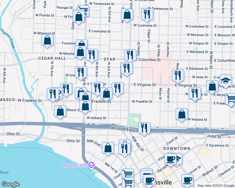 map of restaurants, bars, coffee shops, grocery stores, and more near 407 North 2nd Avenue in Evansville