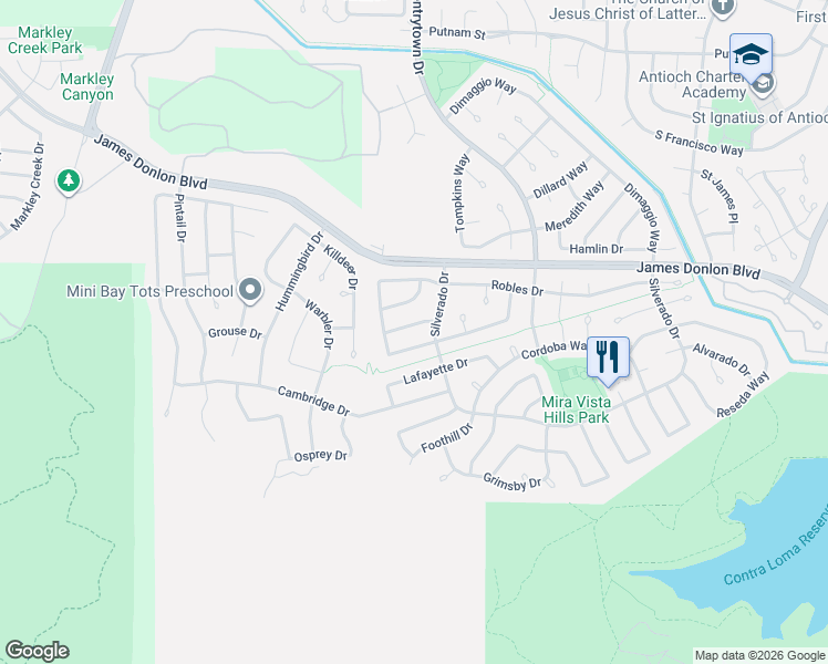 map of restaurants, bars, coffee shops, grocery stores, and more near 2412 Los Prados Way in Antioch