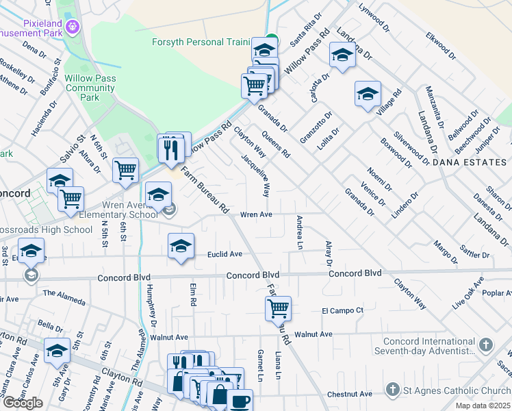 map of restaurants, bars, coffee shops, grocery stores, and more near 1824 Scott Road in Concord