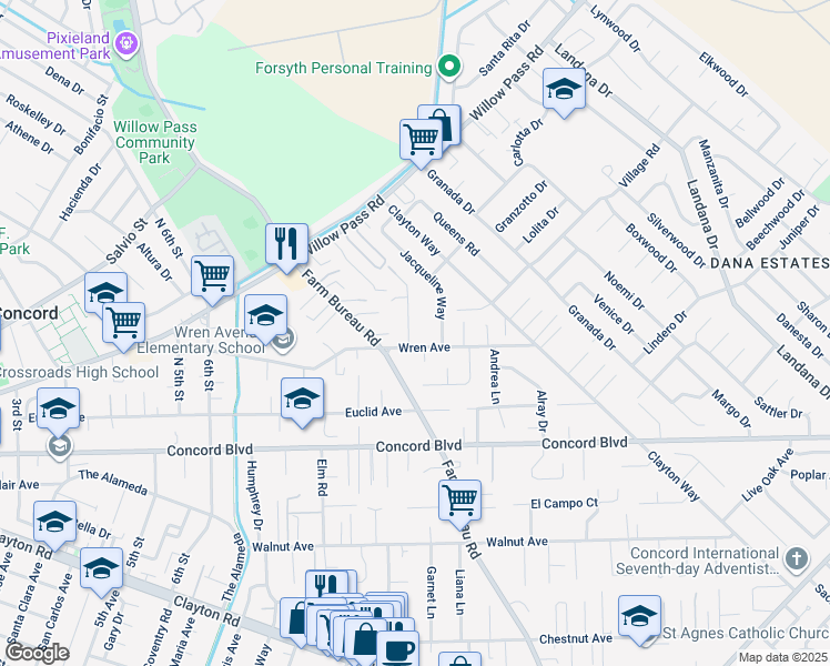 map of restaurants, bars, coffee shops, grocery stores, and more near 1820 Scott Road in Concord