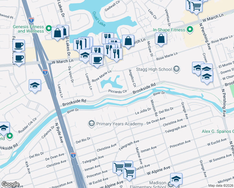 map of restaurants, bars, coffee shops, grocery stores, and more near 2207 Piccardo Circle in Stockton