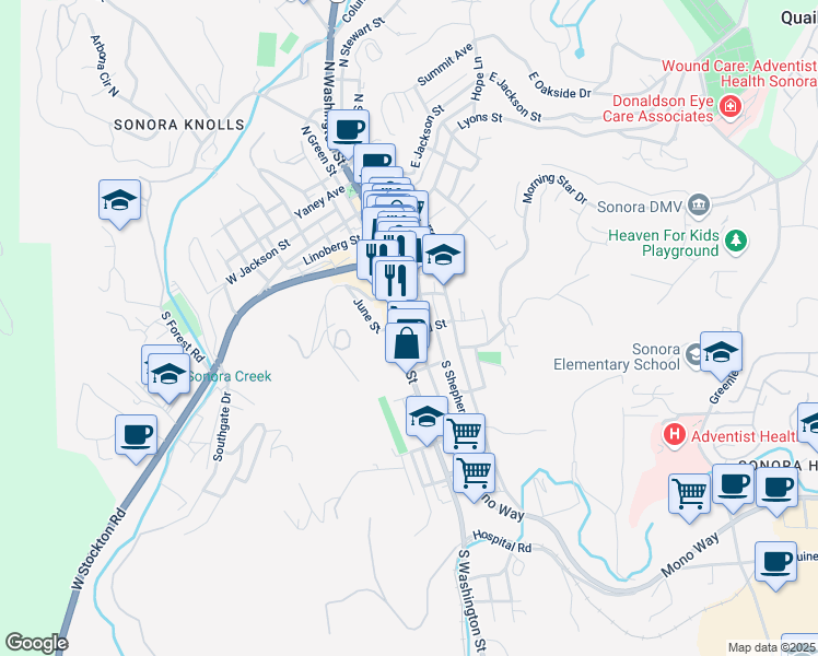 map of restaurants, bars, coffee shops, grocery stores, and more near 299 South Stewart Street in Sonora