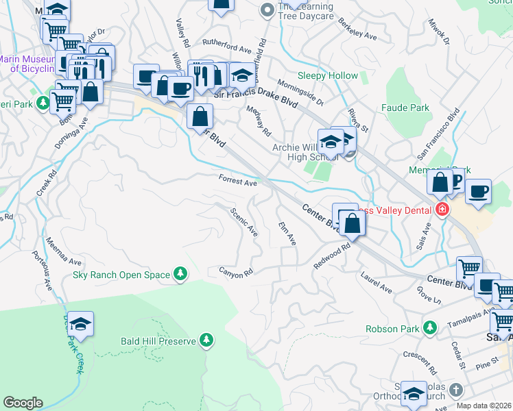map of restaurants, bars, coffee shops, grocery stores, and more near 35 Humboldt Avenue in San Anselmo