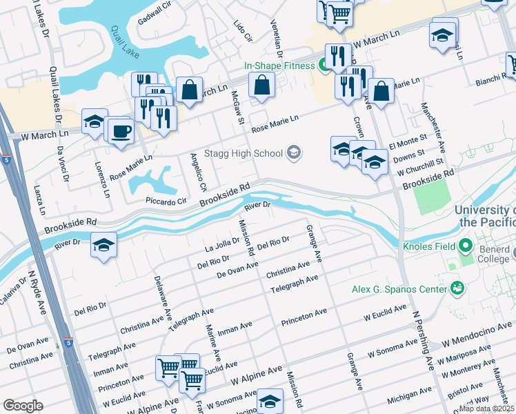 map of restaurants, bars, coffee shops, grocery stores, and more near 1832 River Drive in Stockton