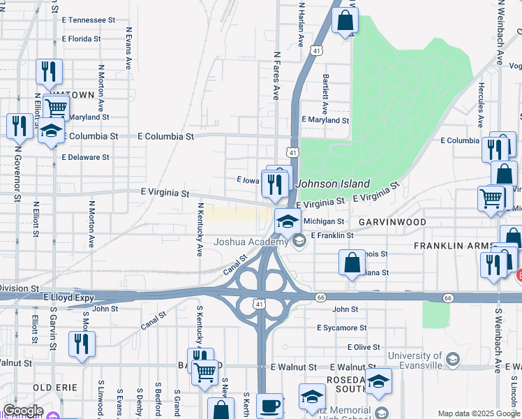 map of restaurants, bars, coffee shops, grocery stores, and more near 1142 East Virginia Street in Evansville