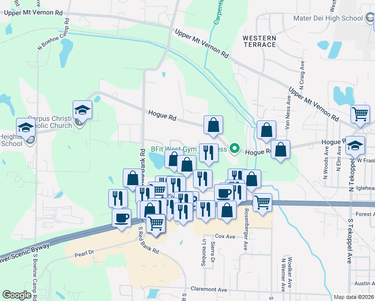 map of restaurants, bars, coffee shops, grocery stores, and more near 4713 Rolling Ridge Drive in Evansville
