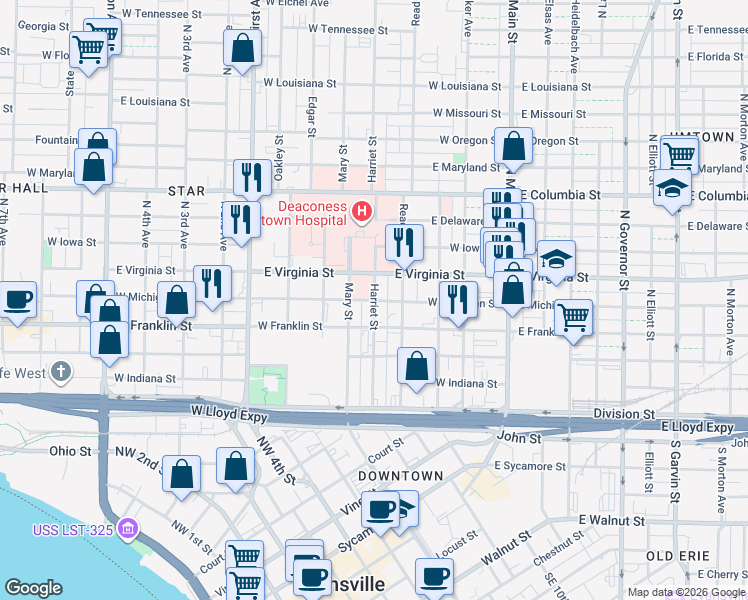 map of restaurants, bars, coffee shops, grocery stores, and more near 409 Harriet Street in Evansville