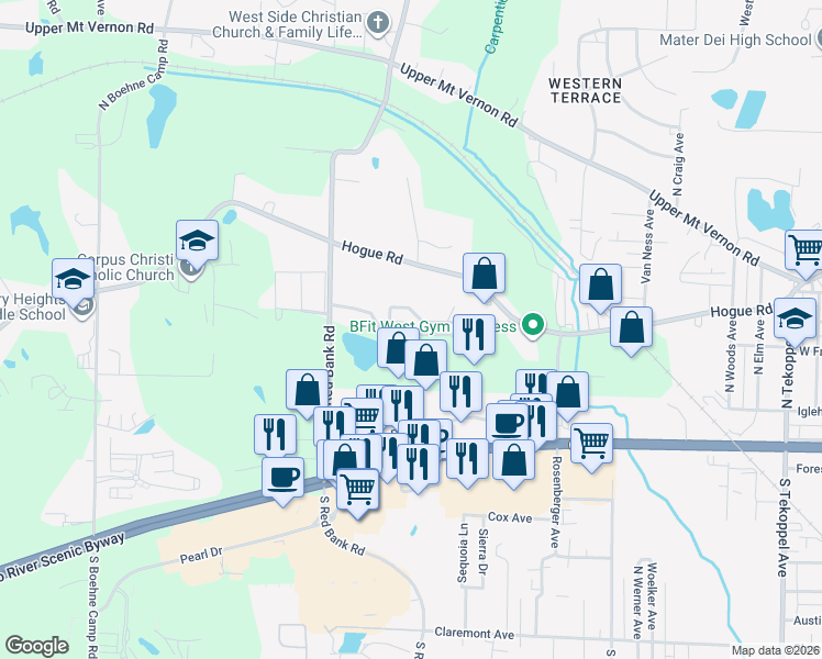 map of restaurants, bars, coffee shops, grocery stores, and more near 4713 Rolling Ridge Drive in Evansville