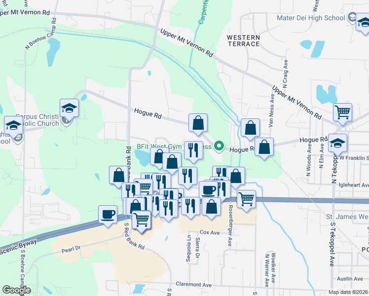 map of restaurants, bars, coffee shops, grocery stores, and more near 4616-4658 Rolling Ridge Ct in Evansville