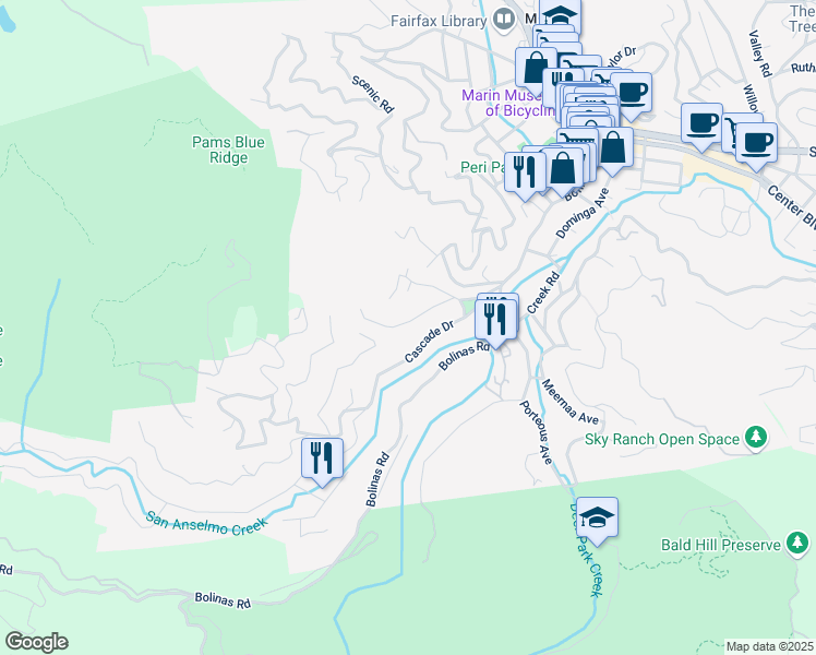 map of restaurants, bars, coffee shops, grocery stores, and more near 77 Cypress Drive in Fairfax