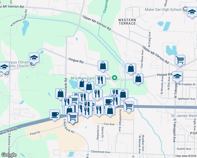 map of restaurants, bars, coffee shops, grocery stores, and more near 4616-4658 Rolling Ridge Ct in Evansville
