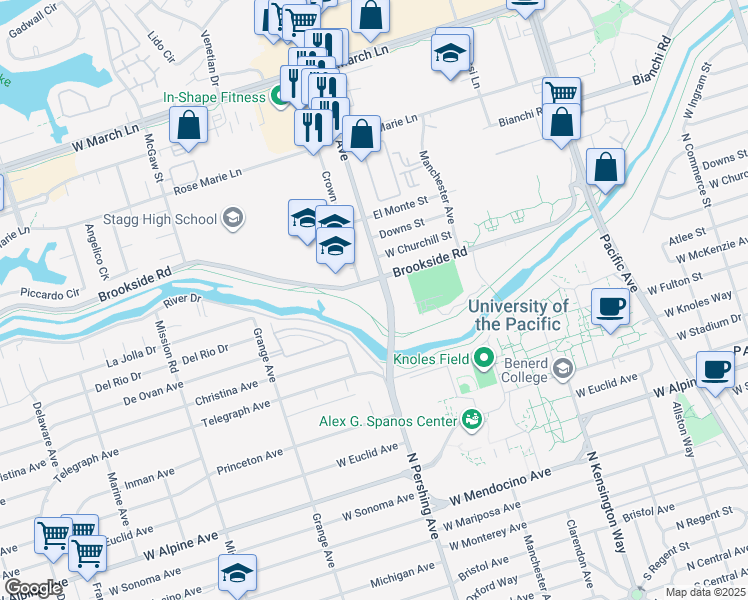 map of restaurants, bars, coffee shops, grocery stores, and more near 3939 North Pershing Avenue in Stockton