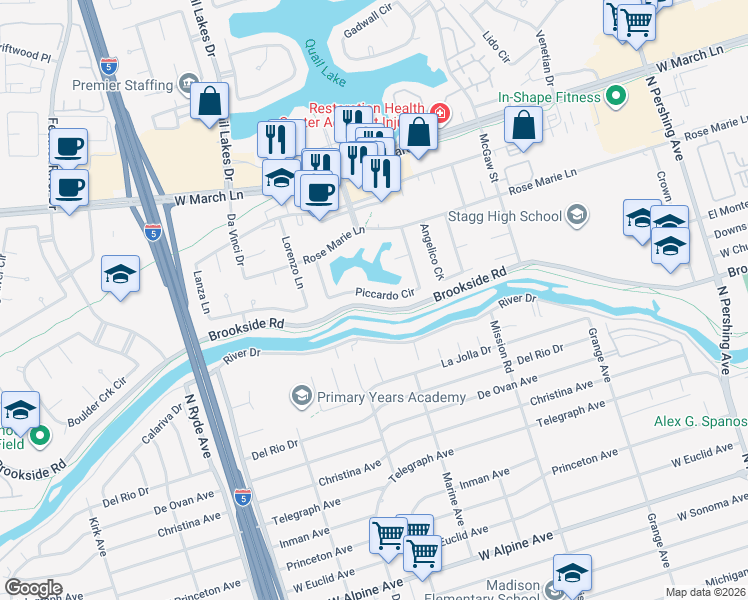 map of restaurants, bars, coffee shops, grocery stores, and more near 2207 Piccardo Circle in Stockton