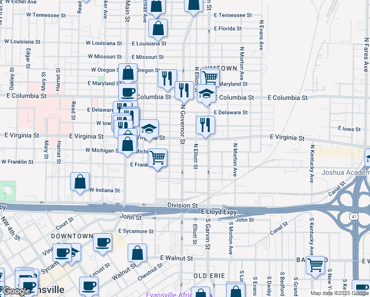 map of restaurants, bars, coffee shops, grocery stores, and more near 421 East Virginia Street in Evansville
