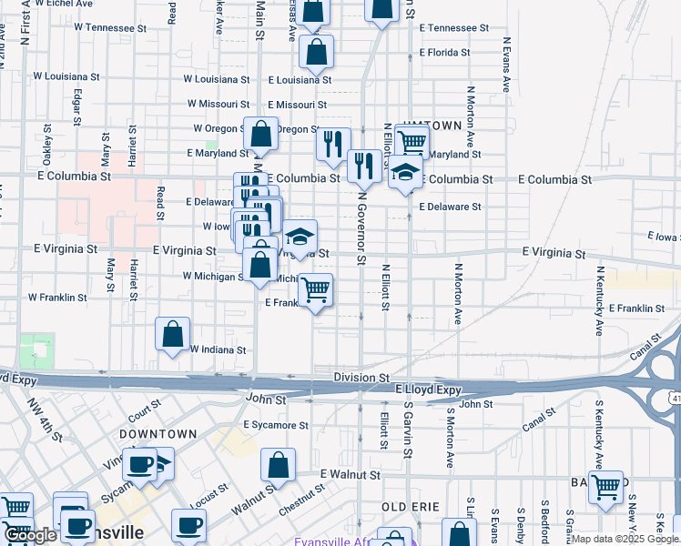map of restaurants, bars, coffee shops, grocery stores, and more near 313 East Virginia Street in Evansville