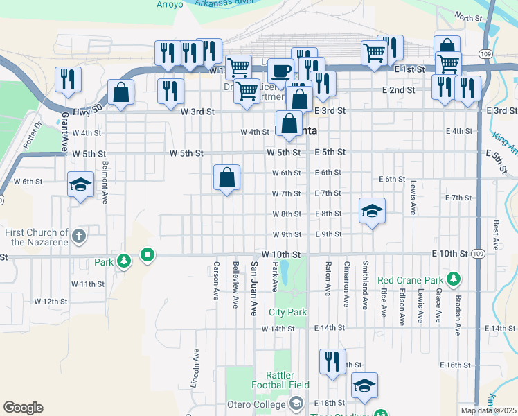 map of restaurants, bars, coffee shops, grocery stores, and more near 248-298 West 7th Street in La Junta