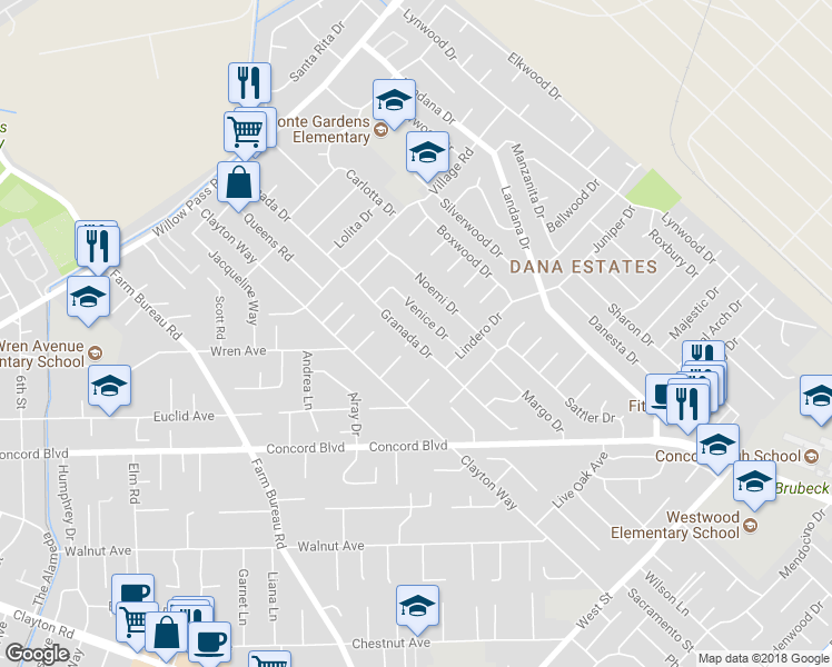 map of restaurants, bars, coffee shops, grocery stores, and more near 1820 Granada Drive in Concord