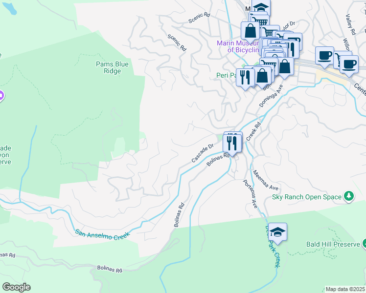 map of restaurants, bars, coffee shops, grocery stores, and more near Cypress Drive in Fairfax