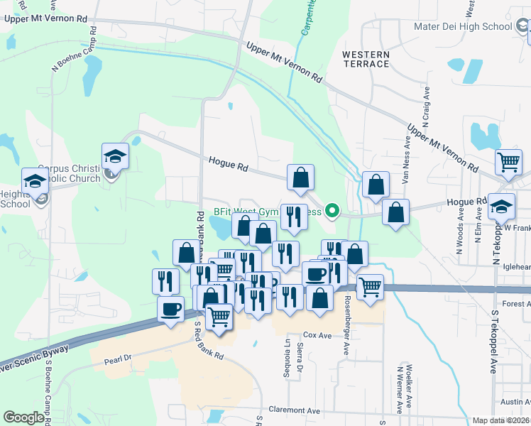 map of restaurants, bars, coffee shops, grocery stores, and more near 4713 Rolling Ridge Drive in Evansville