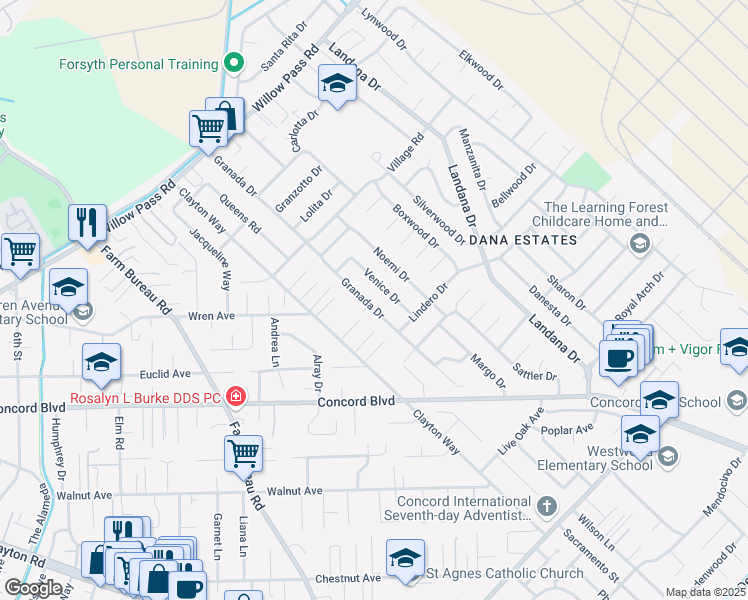 map of restaurants, bars, coffee shops, grocery stores, and more near 1820 Granada Drive in Concord
