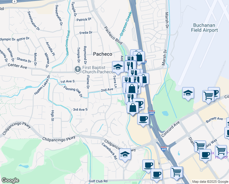 map of restaurants, bars, coffee shops, grocery stores, and more near 5 Hardwood Court in Pleasant Hill