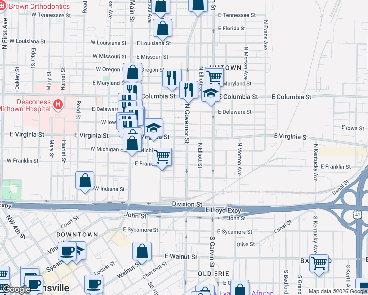map of restaurants, bars, coffee shops, grocery stores, and more near 313 East Virginia Street in Evansville