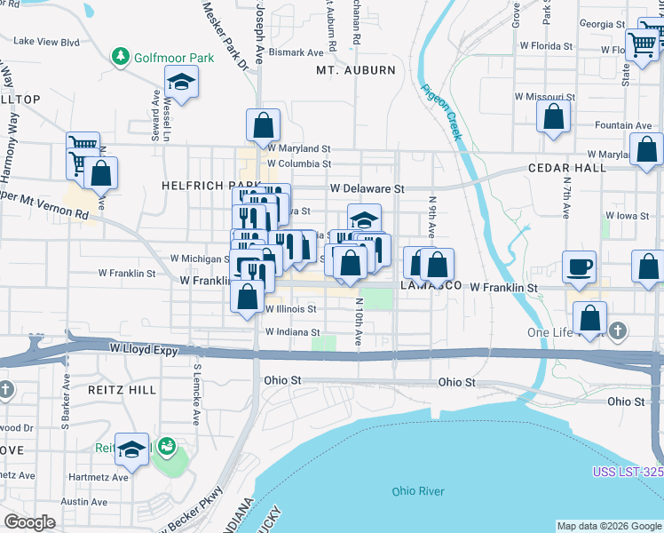 map of restaurants, bars, coffee shops, grocery stores, and more near 2130 West Michigan Street in Evansville