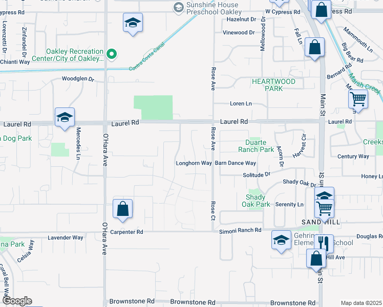 map of restaurants, bars, coffee shops, grocery stores, and more near 3823 Pato Lane in Oakley