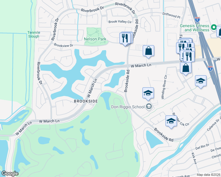 map of restaurants, bars, coffee shops, grocery stores, and more near 3737 Saint Andrews Drive in Stockton