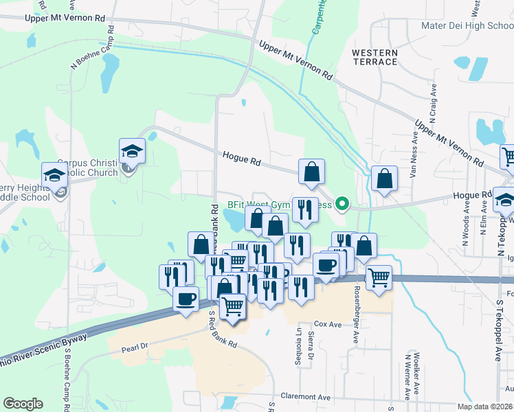map of restaurants, bars, coffee shops, grocery stores, and more near 4613 Lakeside Drive in Evansville