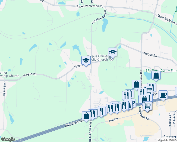 map of restaurants, bars, coffee shops, grocery stores, and more near 5800 Hogue Road in Evansville