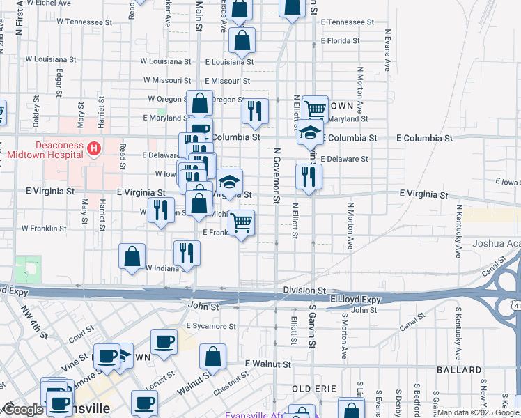 map of restaurants, bars, coffee shops, grocery stores, and more near 300 East Michigan Street in Evansville