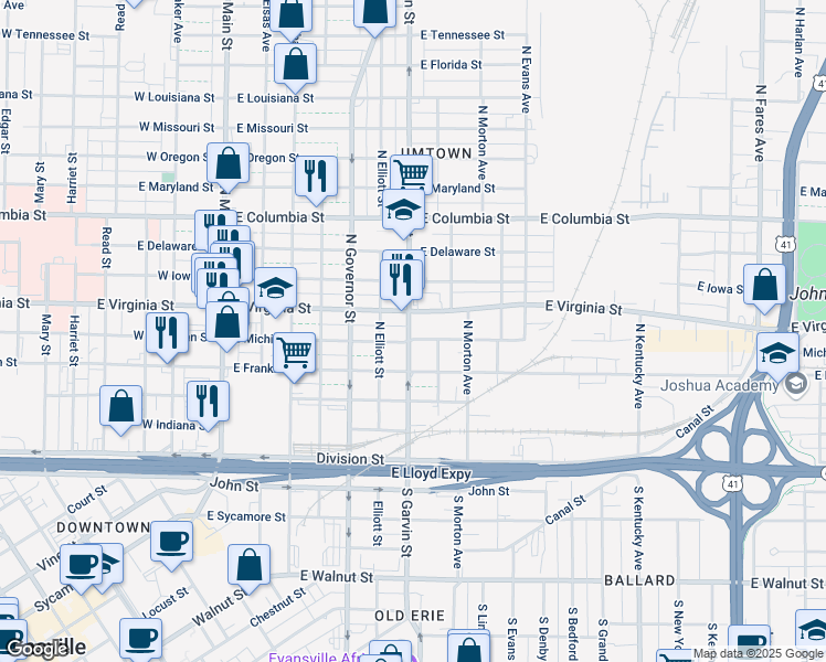 map of restaurants, bars, coffee shops, grocery stores, and more near 601 East Virginia Street in Evansville