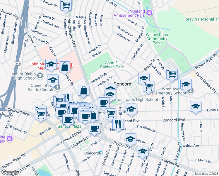 map of restaurants, bars, coffee shops, grocery stores, and more near 2007 Elm Street in Concord
