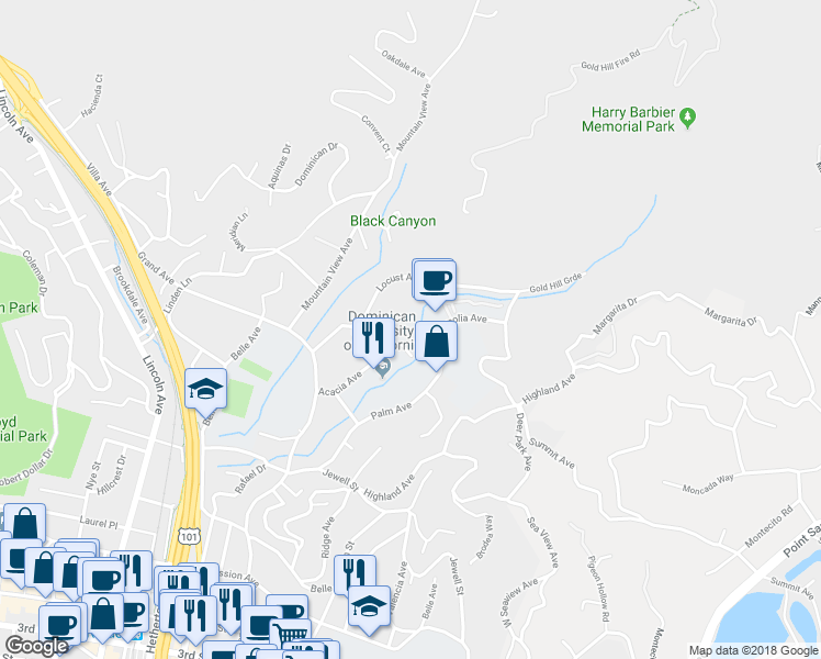 map of restaurants, bars, coffee shops, grocery stores, and more near 226 Magnolia Avenue in San Rafael