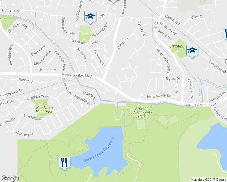 map of restaurants, bars, coffee shops, grocery stores, and more near 18 James Donlon Boulevard in Antioch