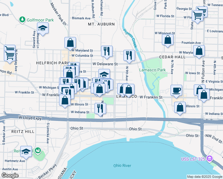 map of restaurants, bars, coffee shops, grocery stores, and more near 316 North Wabash Avenue of Flags in Evansville