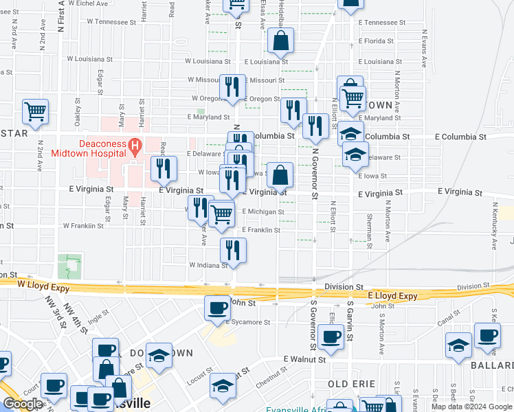 map of restaurants, bars, coffee shops, grocery stores, and more near 26 East Michigan Street in Evansville