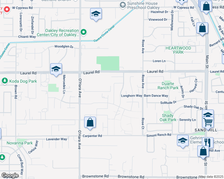 map of restaurants, bars, coffee shops, grocery stores, and more near 702 Frazier Drive in Oakley