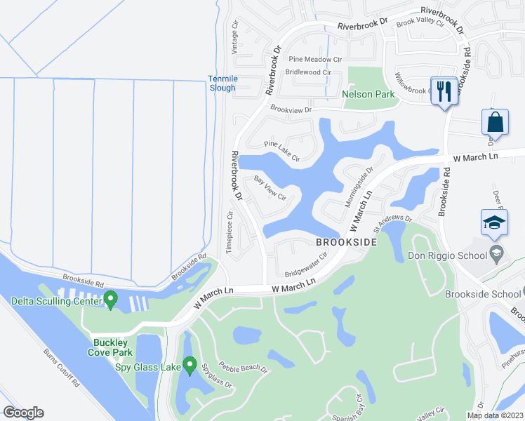 map of restaurants, bars, coffee shops, grocery stores, and more near 4925 Bay View Circle in Stockton