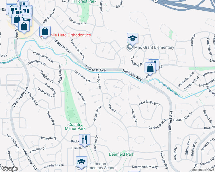 map of restaurants, bars, coffee shops, grocery stores, and more near 2724 Winding Lane in Antioch