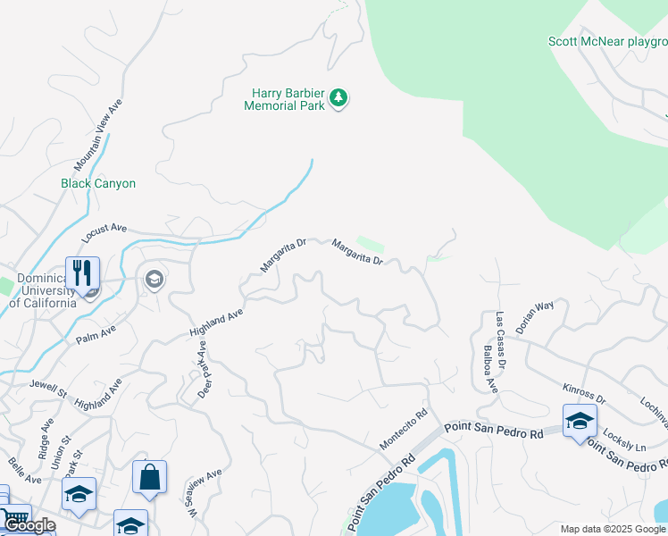 map of restaurants, bars, coffee shops, grocery stores, and more near 345 Highland Avenue in San Rafael