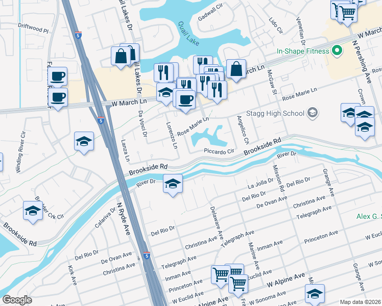map of restaurants, bars, coffee shops, grocery stores, and more near 2285 Piccardo Circle in Stockton