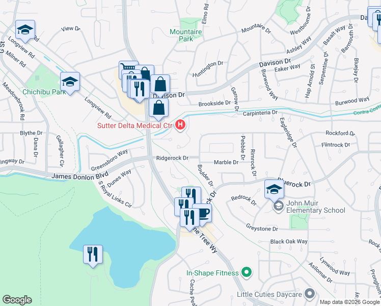 map of restaurants, bars, coffee shops, grocery stores, and more near 3916 Boulder Drive in Antioch