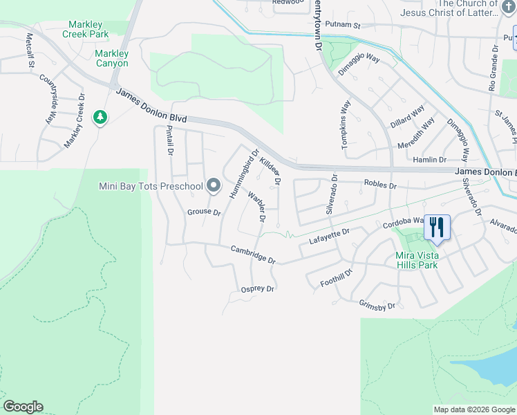 map of restaurants, bars, coffee shops, grocery stores, and more near 3933 Warbler Drive in Antioch